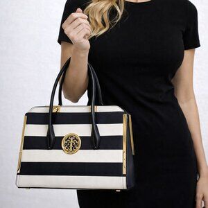*NWOT" Ivanka Trump Black & White Striped Tote Gold Medallion Hardware | Satchel